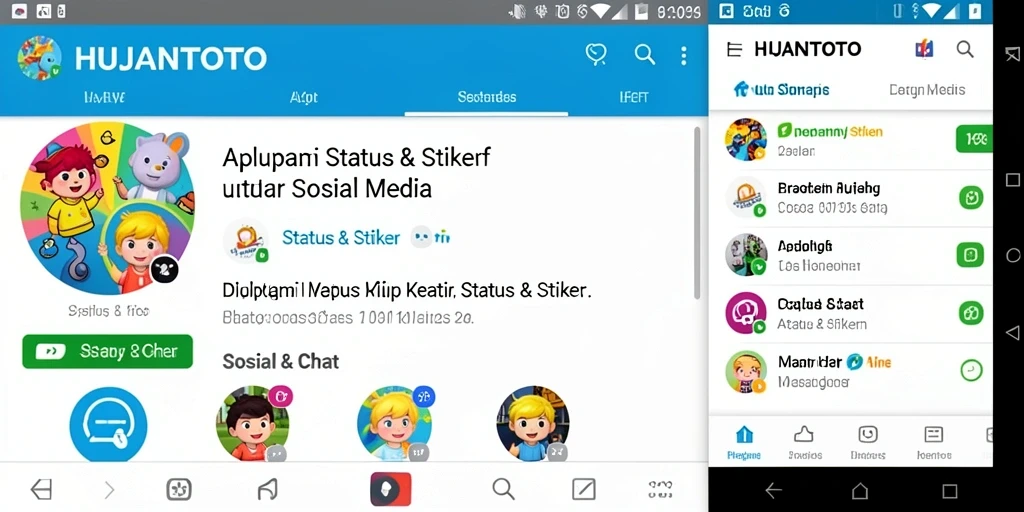 Tampilan antarmuka aplikasi HUJANTOTO dengan fitur Status & Stiker.